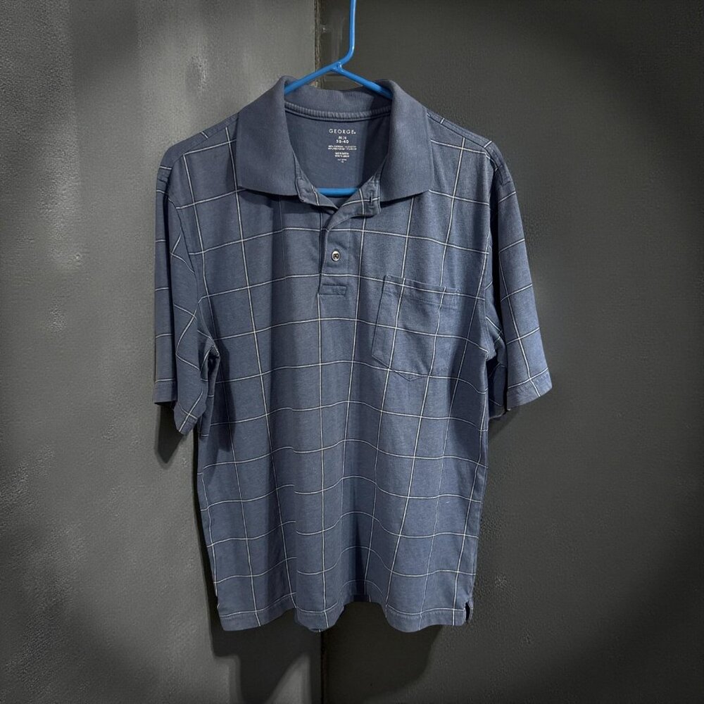 George Mens Blue Windowpane Polo Shirt Size‎ M Cotton & Polyester Blend